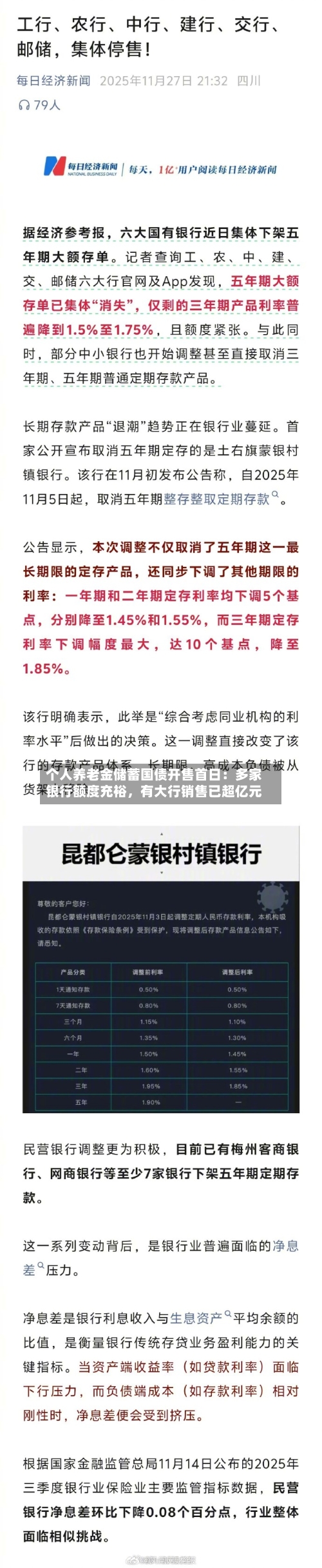 个人养老金储蓄国债开售首日:多家银行额度充裕,有大行销售已超亿元